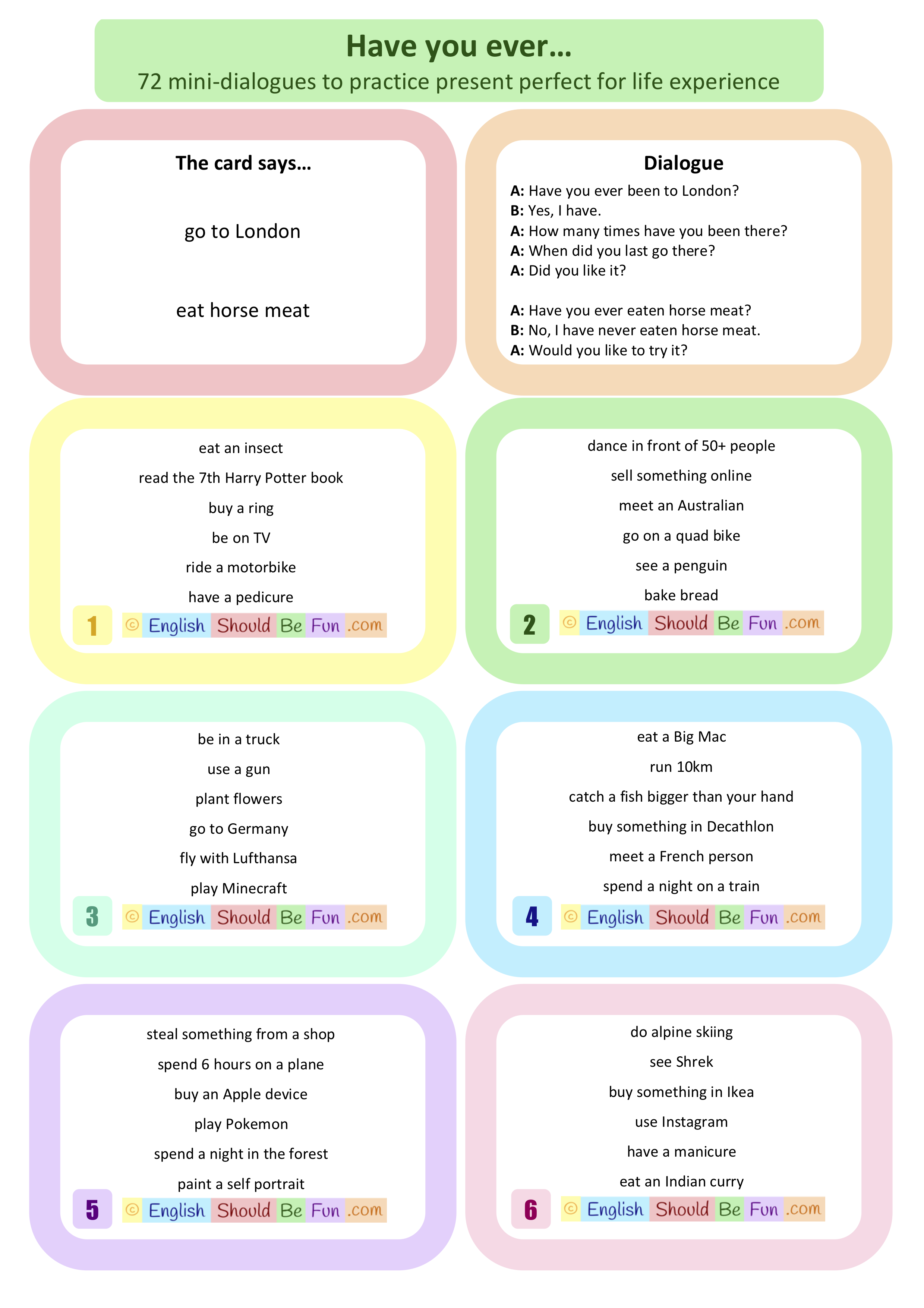 Present Perfect Speaking Cards English EFL